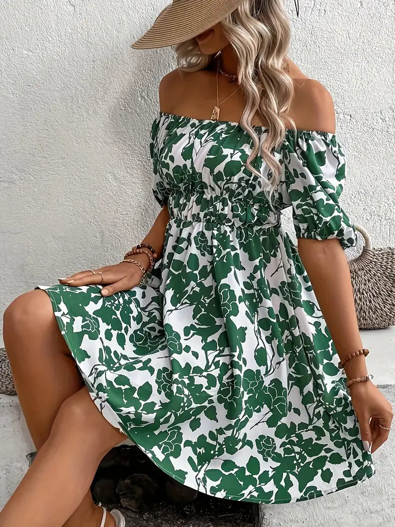 Vestido evasê ombro a ombro com estampa de folhas Vestido casual de verão