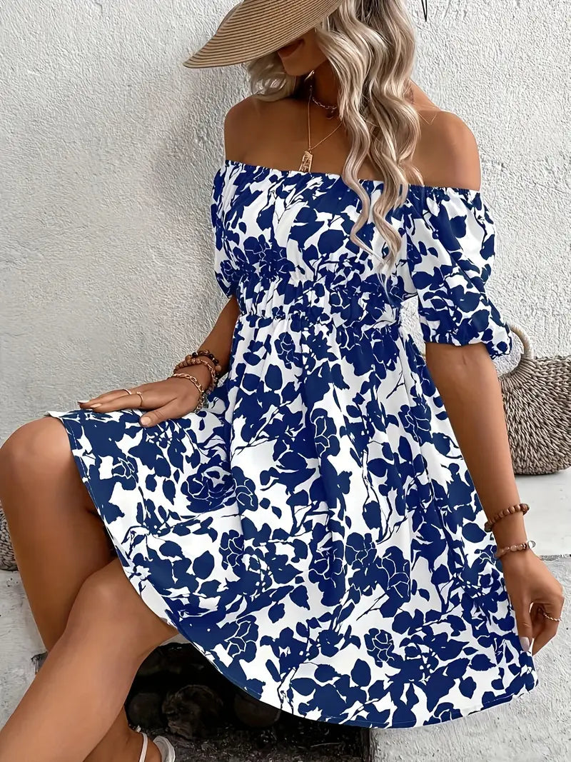 Vestido evasê ombro a ombro com estampa de folhas Vestido casual de verão