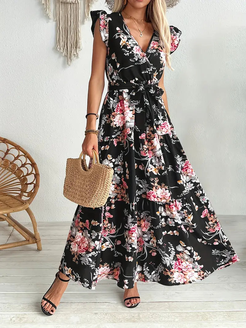 Vestido de verão elegante com cinto, decote em V e mangas com folhos