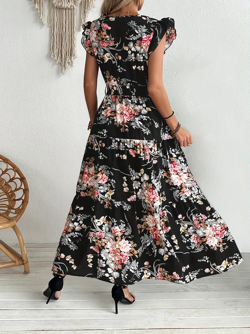 Vestido de verão elegante com cinto, decote em V e mangas com folhos