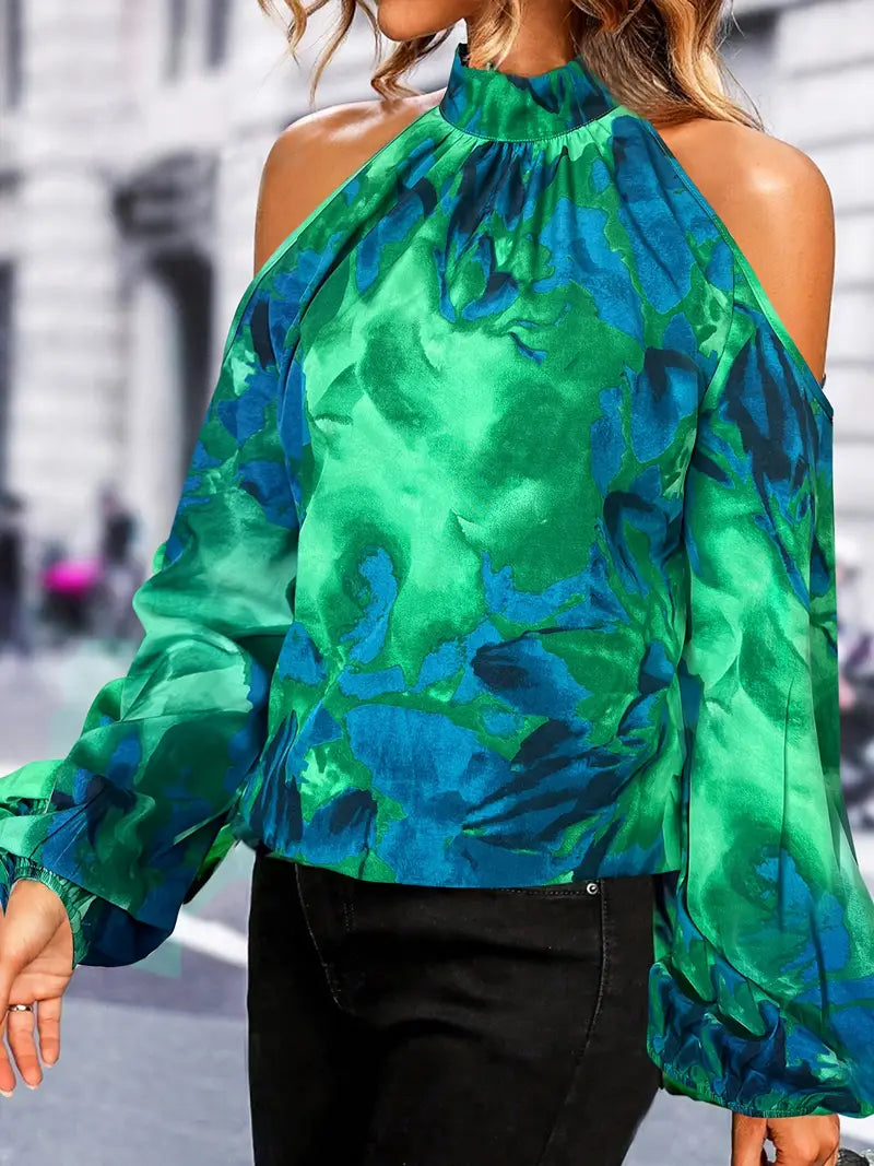 Blusa elegante de manga comprida com decote haltere para mulher Verde