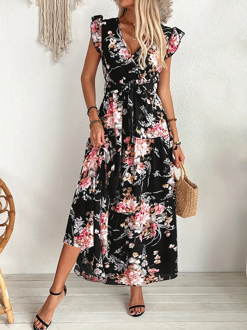 Vestido de verão elegante com cinto, decote em V e mangas com folhos